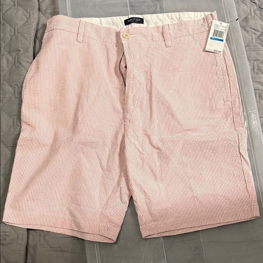 Nautica Men's Seersucker Red Striped Flat Front Shorts